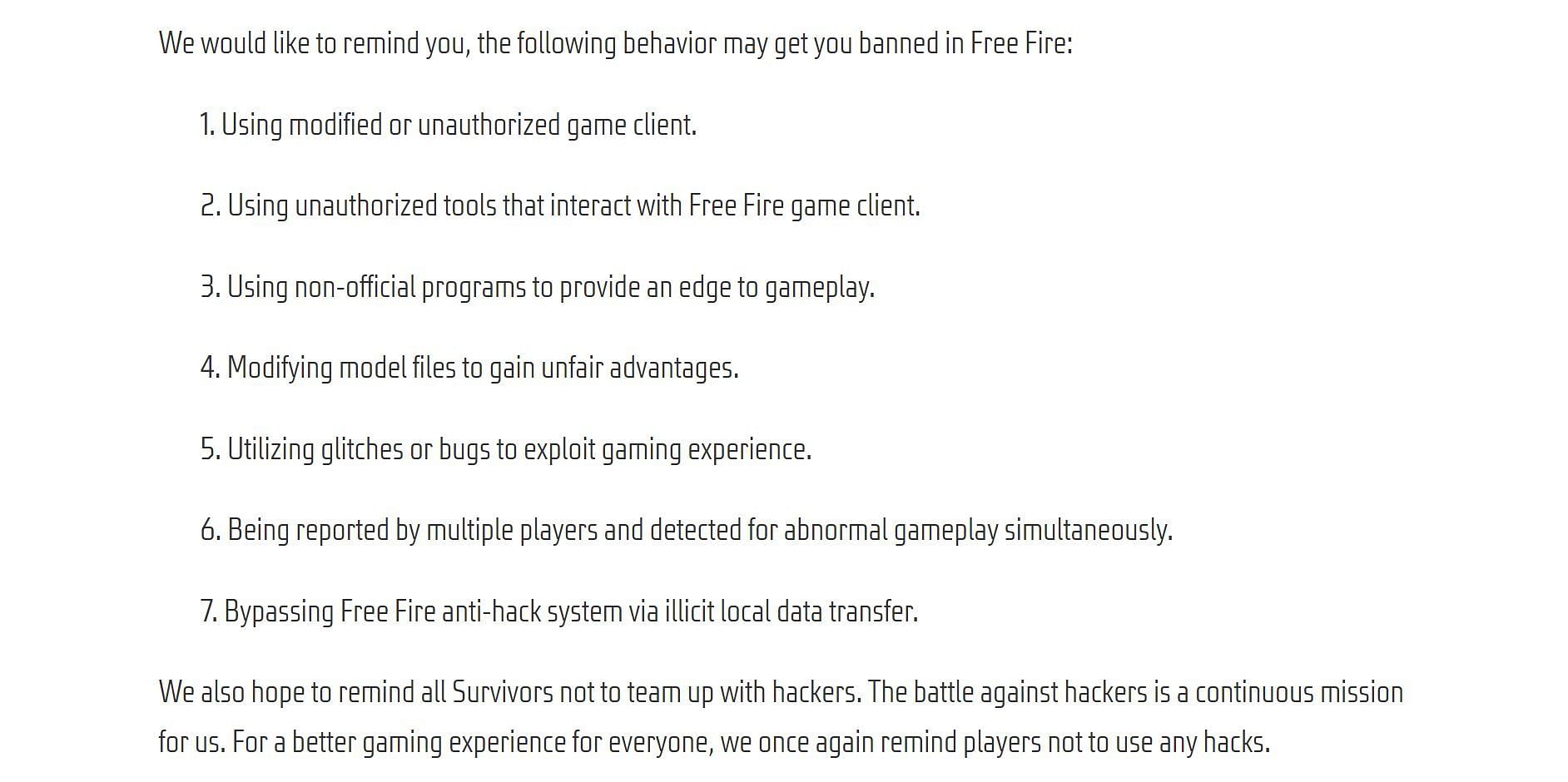 These are the list of different activites which can get players banned (Image via Garena)